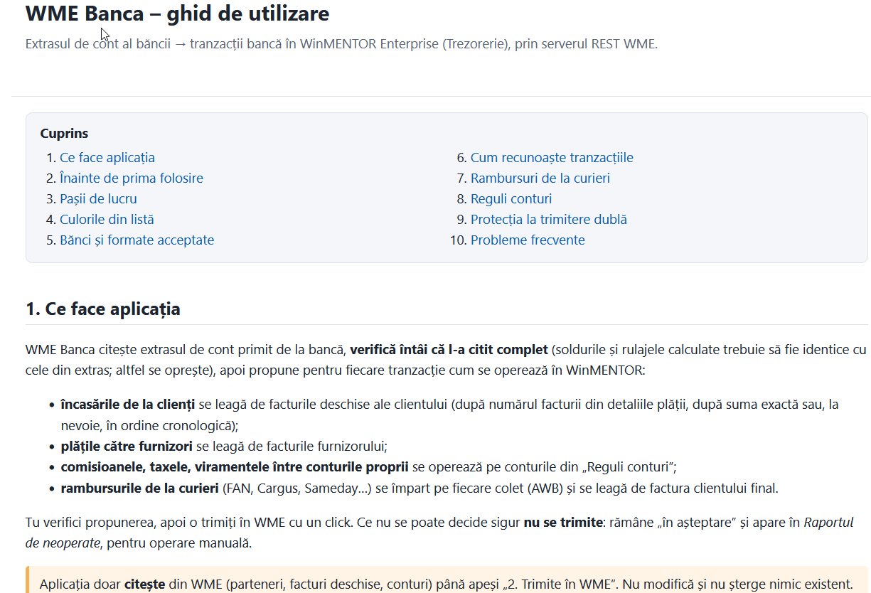 Ghidul de utilizare WME Banca deschis în browser